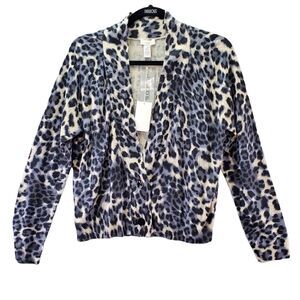 Chico's Wild Sadie Cardigan Sweater 1 Medium Black Gray Leopard Silk Angora NWT